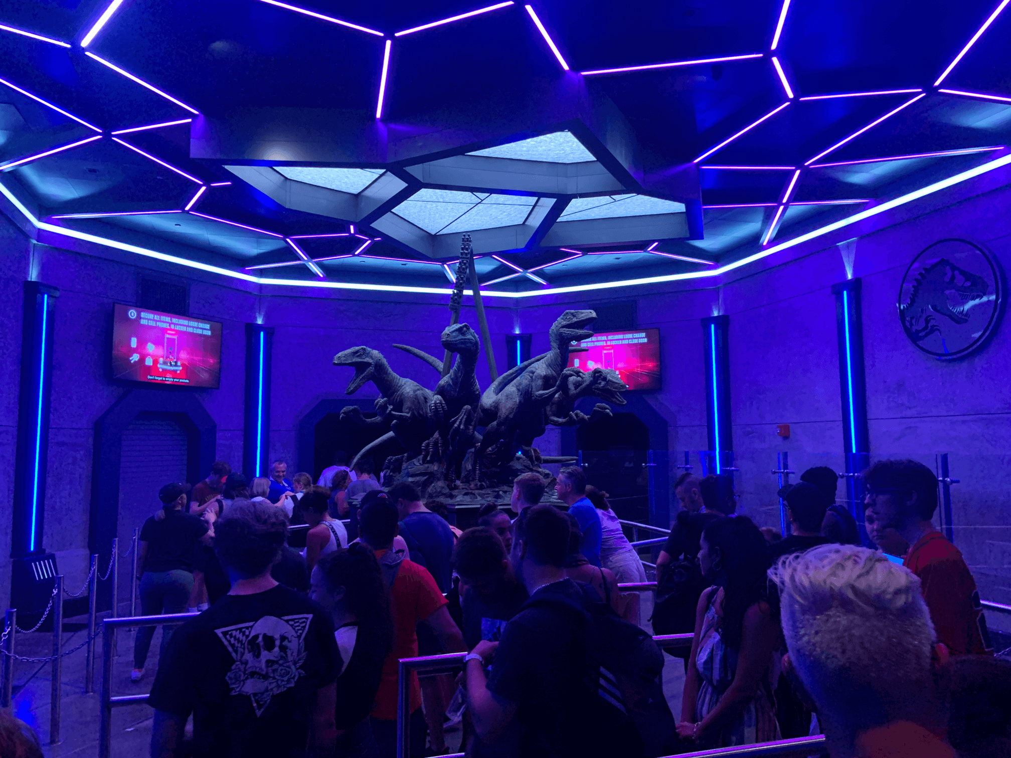 Jurassic park velocicoaster queue at night